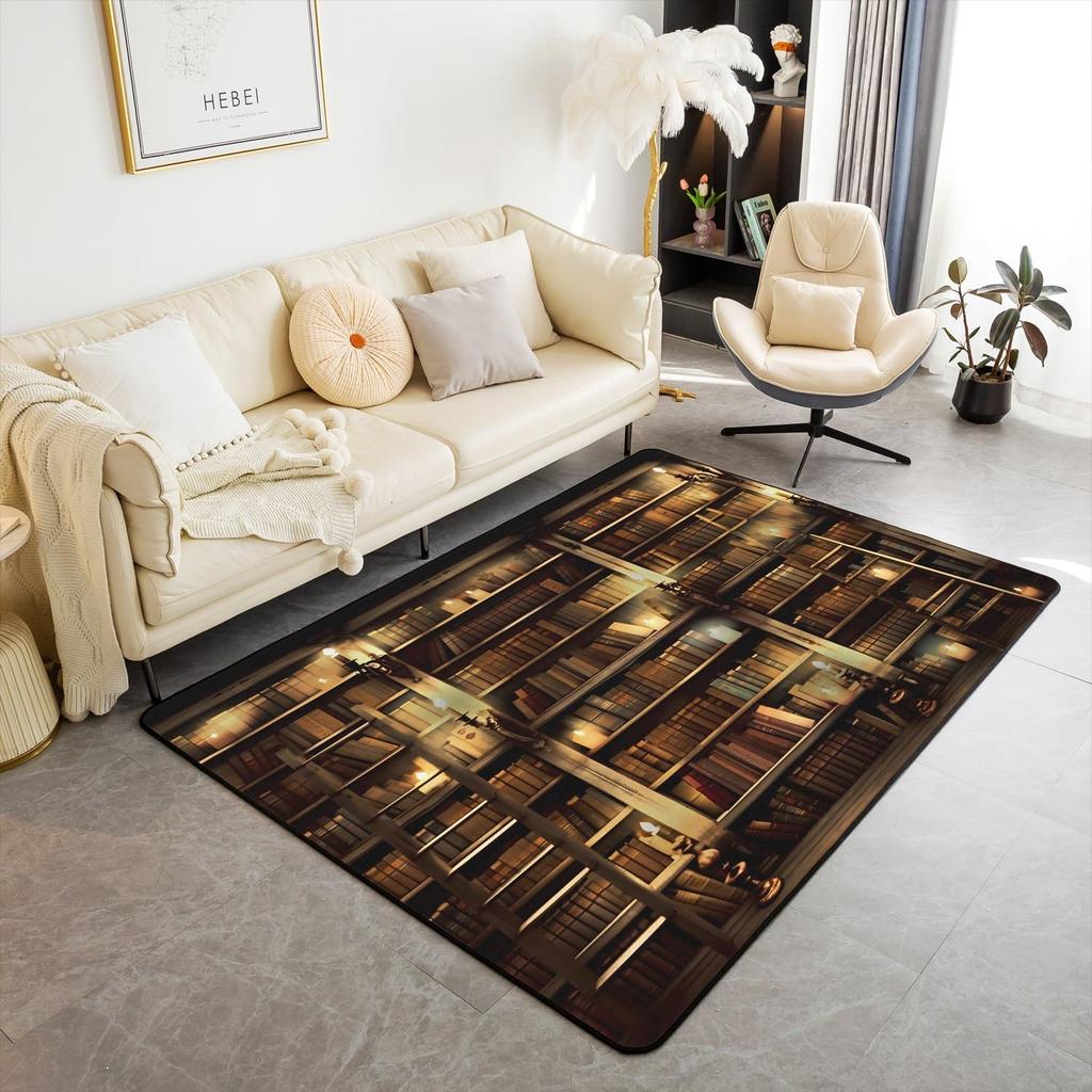 Bookshelf Area Rug for Teen Study Room Decor Library Book Print Carpet Vintage Bookshelf Living Room Doormat Bookcase Floor Mat