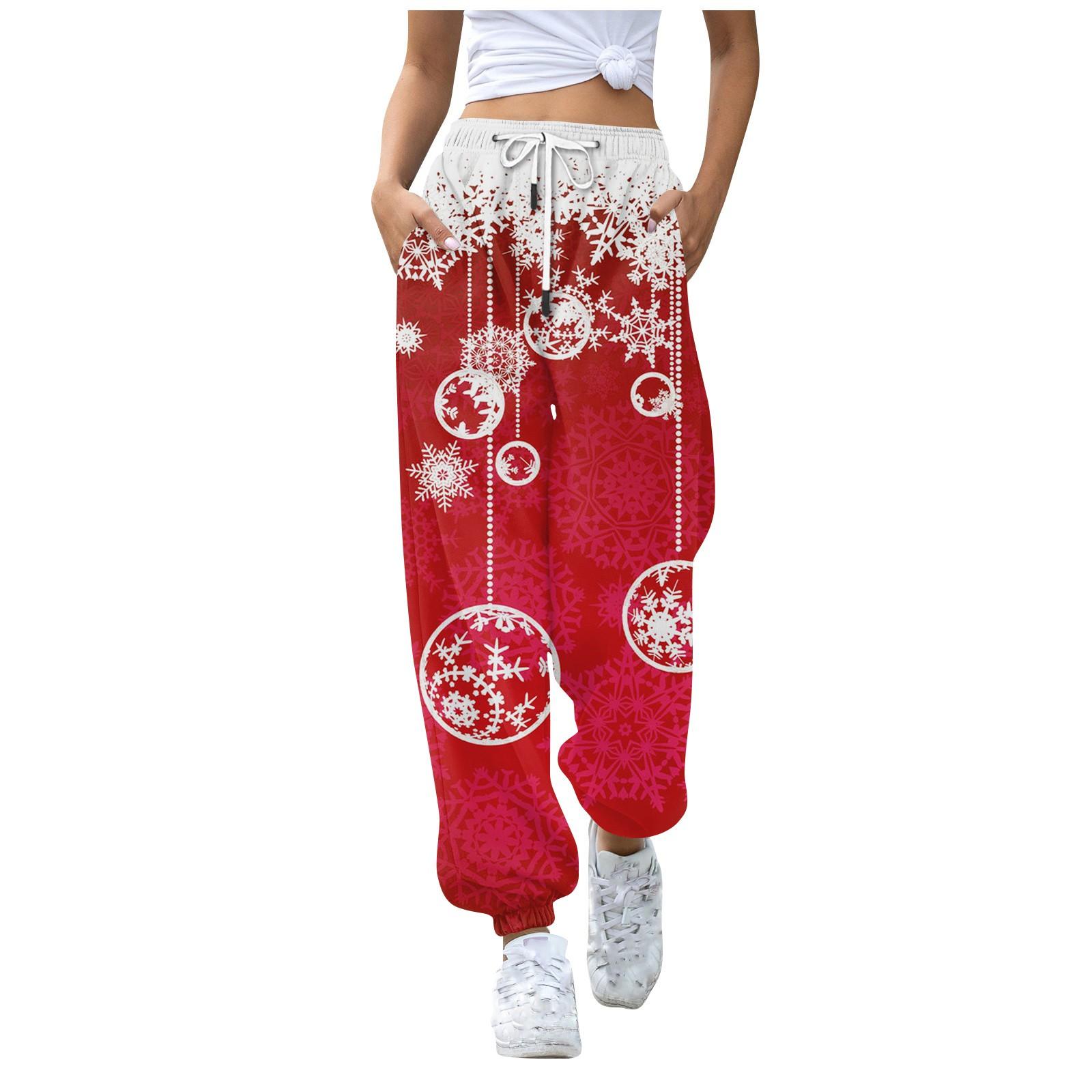

Женские повседневные модные рождественские принты, повседневные брюки с эластичной резинкой на талии и завязками на шнурке XL красный