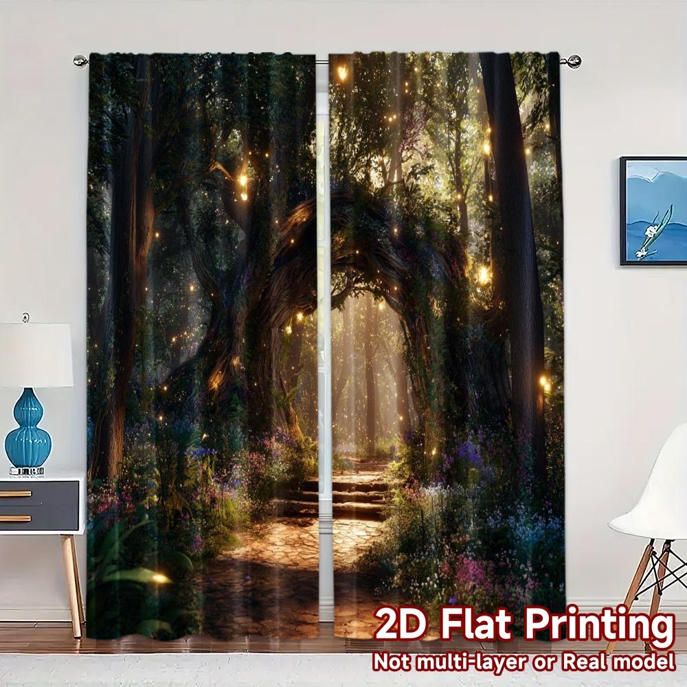 2pcs, 2D FLAT PRINTING Curtains (Without Rod) Enchanted Path Modern Curtains&Drapes Versatile Durable Polyester Curtains