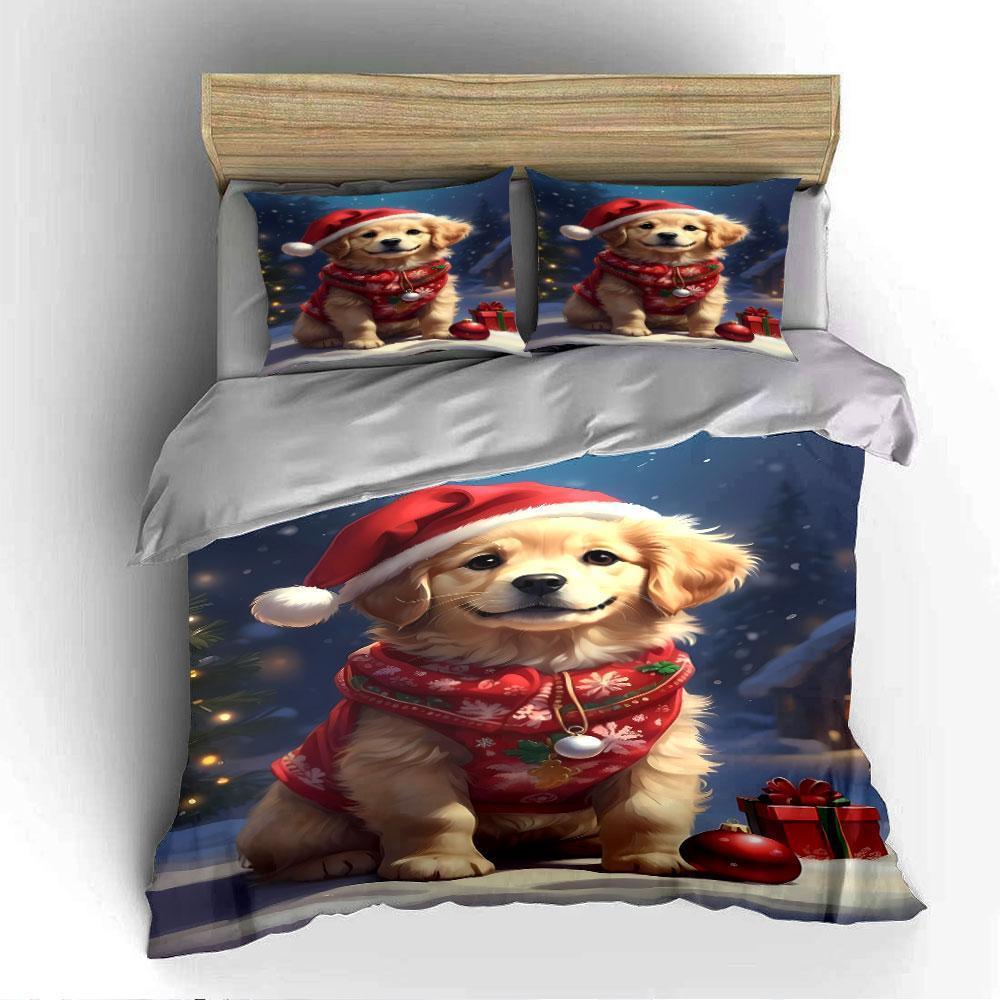 Golden Retriever Christmas Scene Bedding Duvet Cover Set (1*Duvet Cover 2*Pillowcases, without duvet insert)