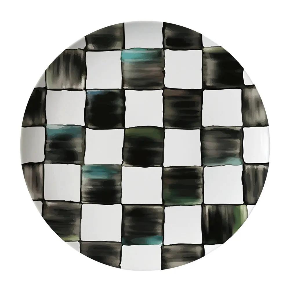 Piatto piano in ceramica a scacchi bianco e nero Tazza da caffè e piattino in bone china Piatti per cibi occidentali Stoviglie eleganti per la casa Tazza