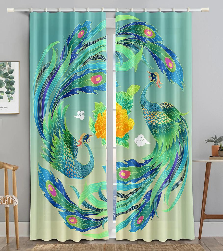 New Cheap Pink Flower Fish Green Peacock Curtain Bedroom Hotel Window High Shading  New Fashion Beautiful Color Pattern 2 Panel