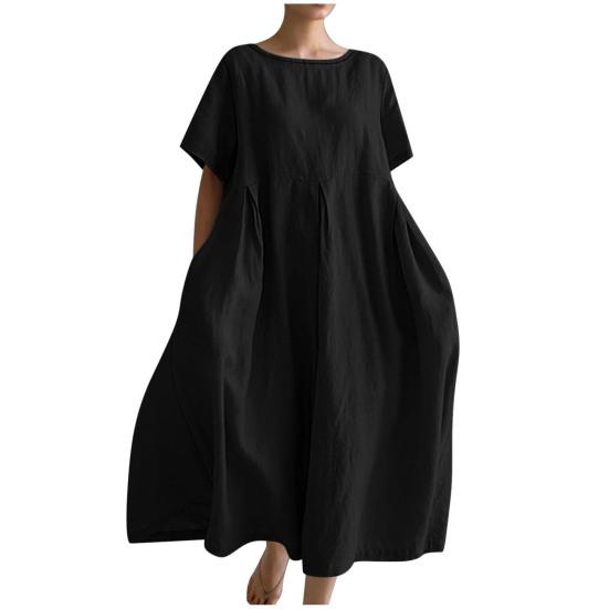 Summer Cotton Linen Dress for Women Short Sleeve Crew Neck A-linen Swing Dress Casual Loose Flowy Beach Sundress with Pockets