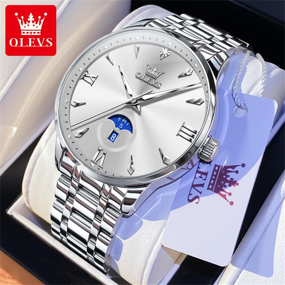 OLEVS 3646 Men's Watches Silver Solid Steel Strap Week Calendar Display Minimalist Luxury Original Quartz Wrist Watches for Man