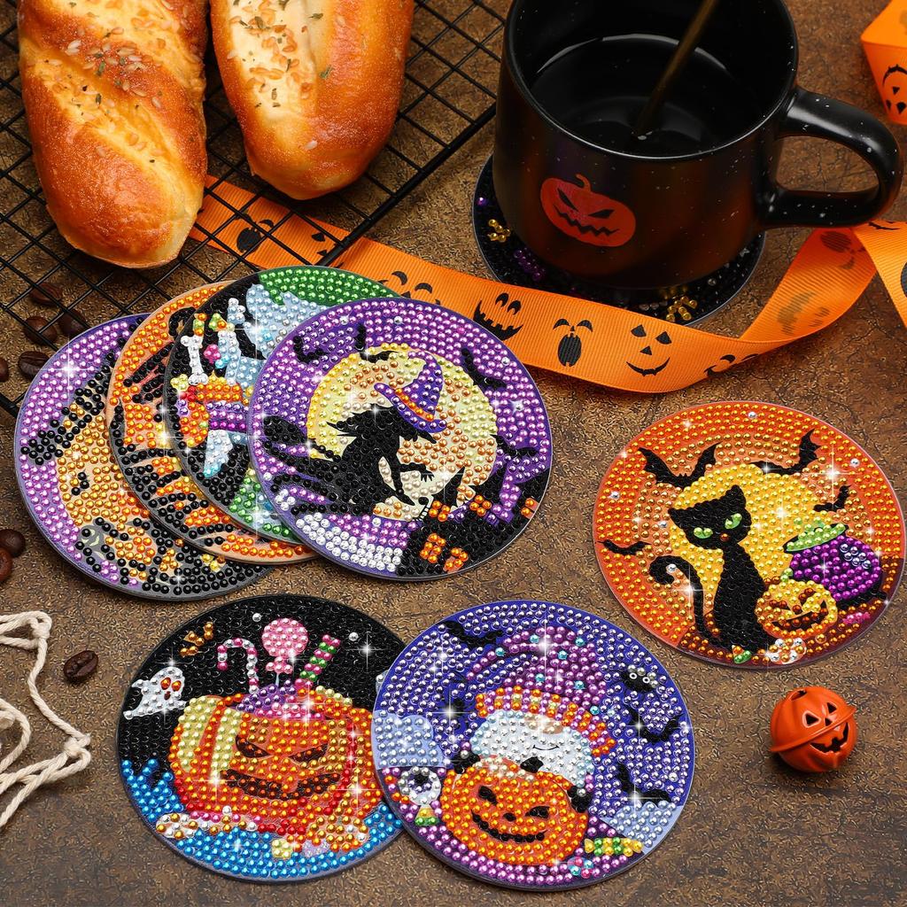 JANLOFO Halloween Set of Diamond Art Halloween Diamond Art Halloween Handmade Craft Kit Coasters, 8, Coasters, Gift, Kit, Beginner's Decoration, Kit,