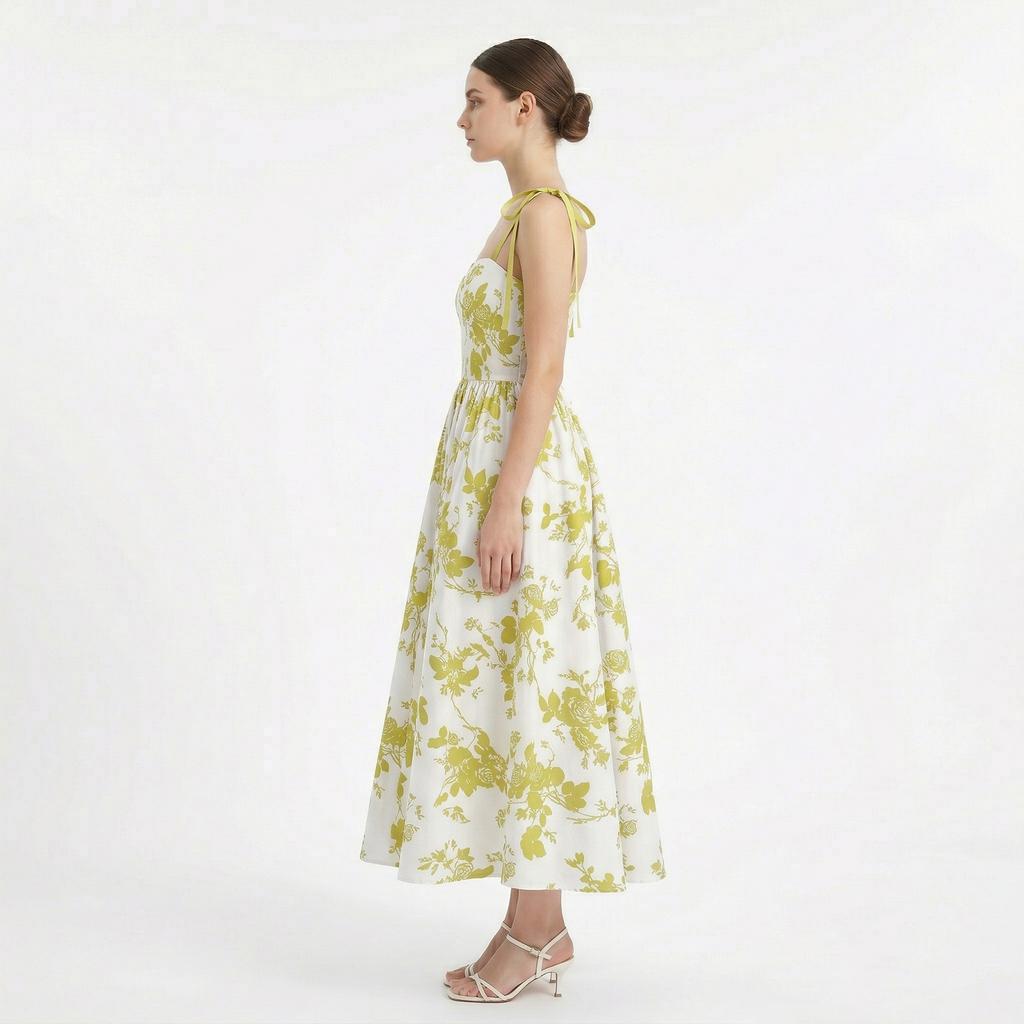 Vestido Corsé Bustier Floral para Mujer Tirantes de Lazo Fruncido Fluido Boho Largo Vestido de Sol