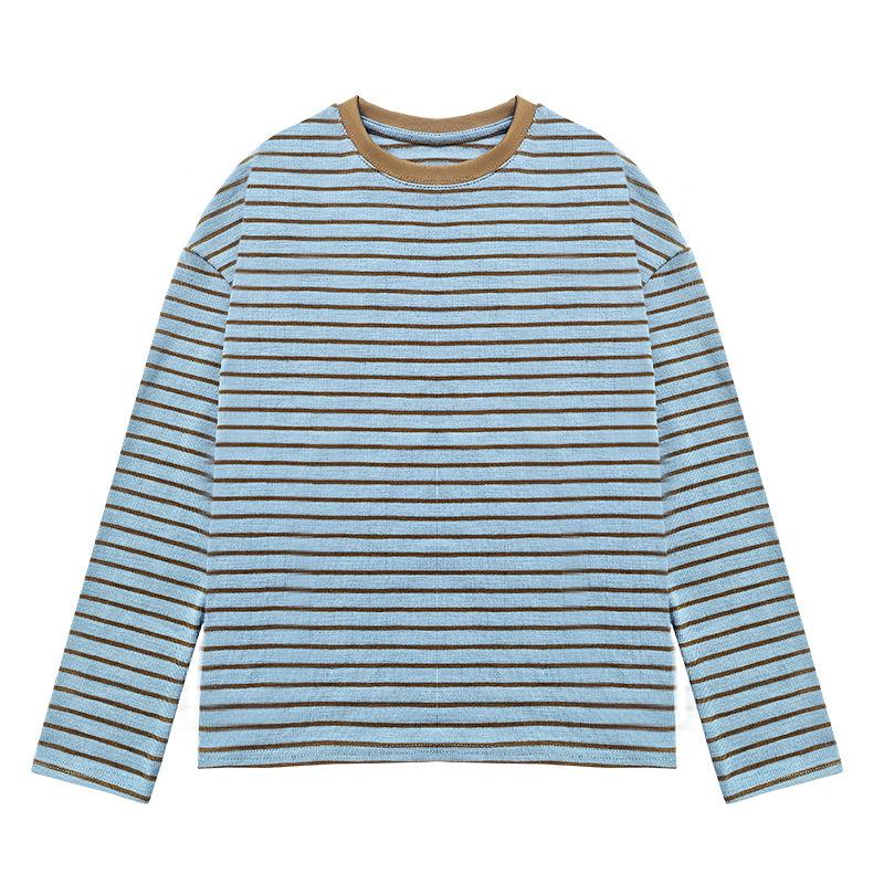K8 contrasting striped T-shirt women's autumn lazy loose and thin knitted crew neck bottoming shirt