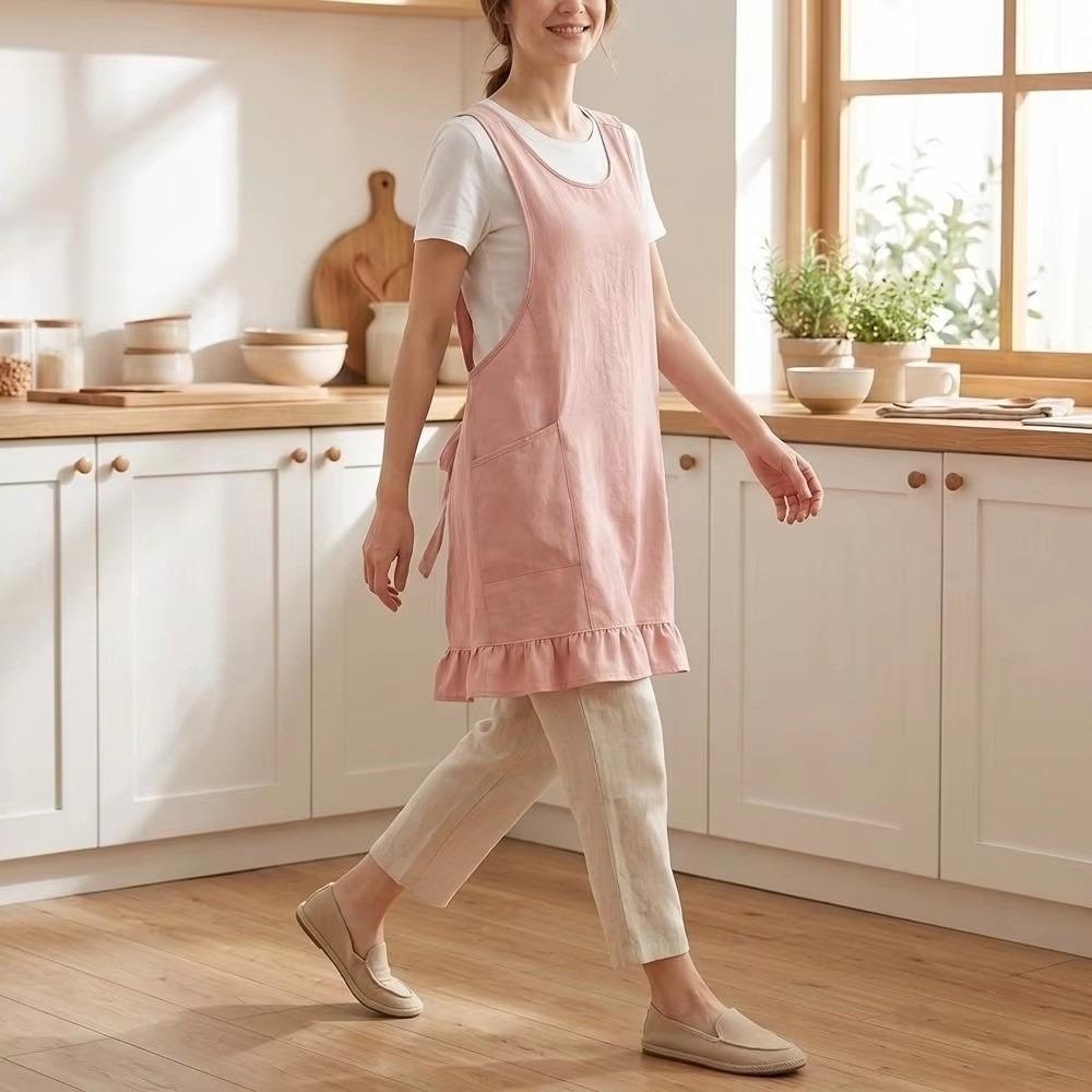 Widened Shoulder Straps Cotton-Linen Apron Stain-Resistant Kitchen Work Apron Gardening Use