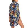 Damenmode bedrucktes, entspanntes, langärmliges, kurzes Strandblusen-Hemdkleid mit V-Ausschnitt