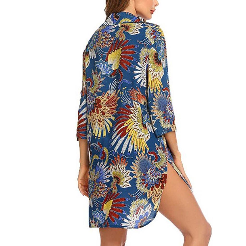 Damenmode bedrucktes, entspanntes, langärmliges, kurzes Strandblusen-Hemdkleid mit V-Ausschnitt