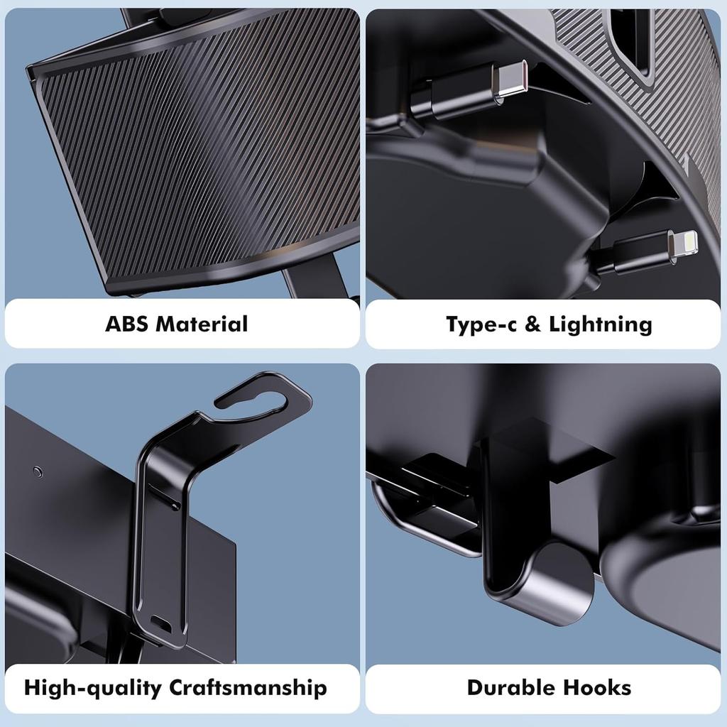 Car Headrest Cup Holder for Back Seat Organizer for Type-c/Lightning Retractable Charging Cables Multi- Hanging Snack Storage Box with Strong Hooks