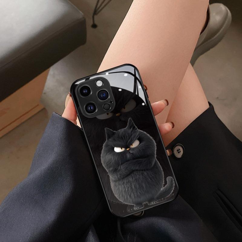 Cool Black Cat Pattern Glass Material Phone Case For iPhone 17 16 15 14 Pro Max 13 12 11 Pro 17 Air 16E 7 8 Plus XR XS X Cover