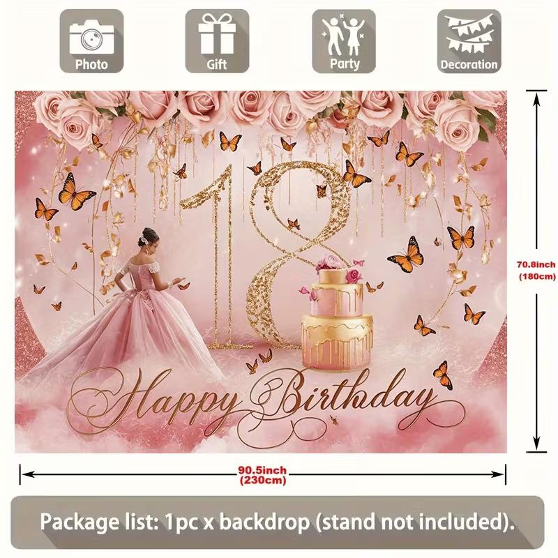 2D Pink Gold 18th Happy Birthday Backdrop Banner with Butterflies & Roses