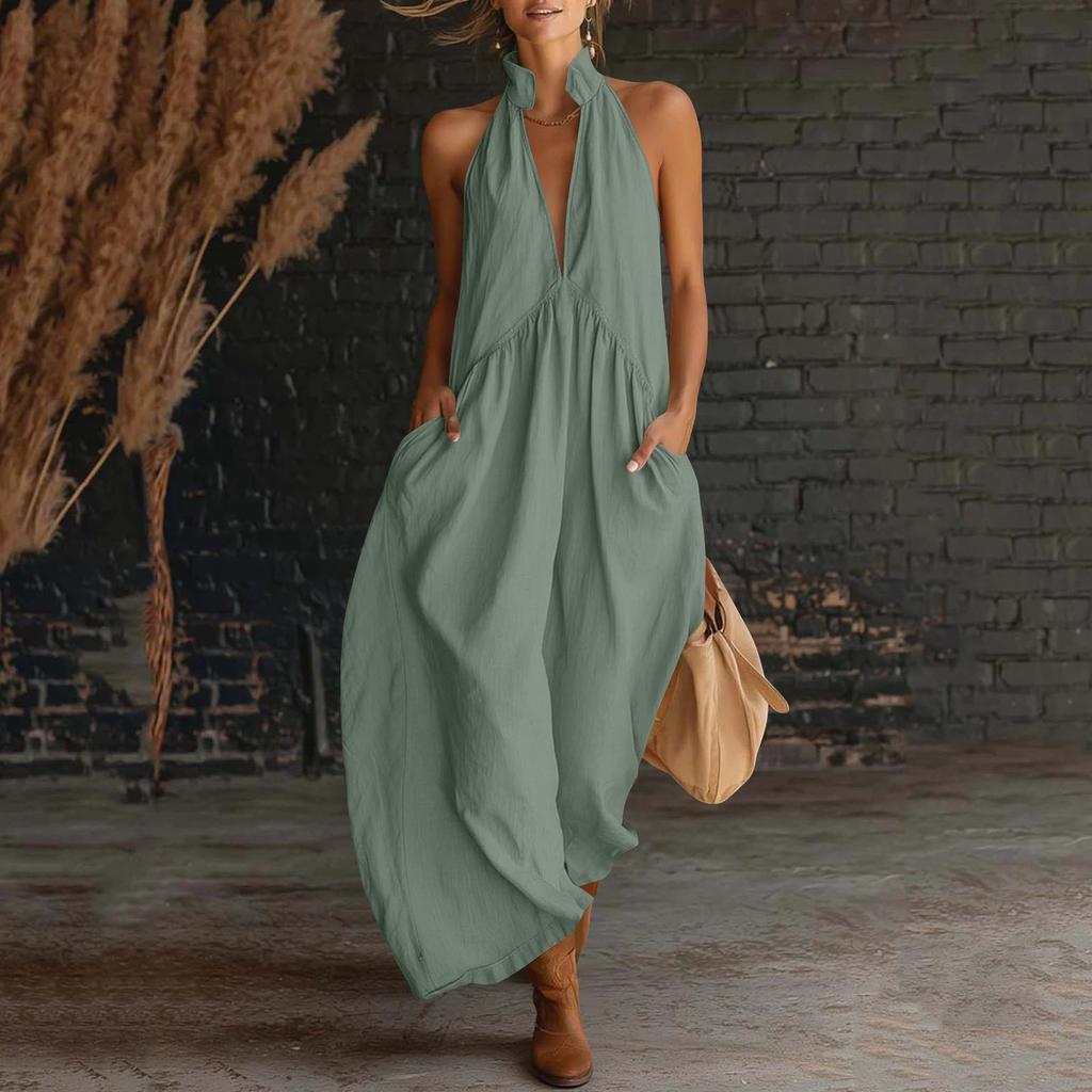Women V Neck Sleeveless Maxi Dress Loose Fit Backless Casual Sundress with Pockets for Daily Wear Beach Vacation