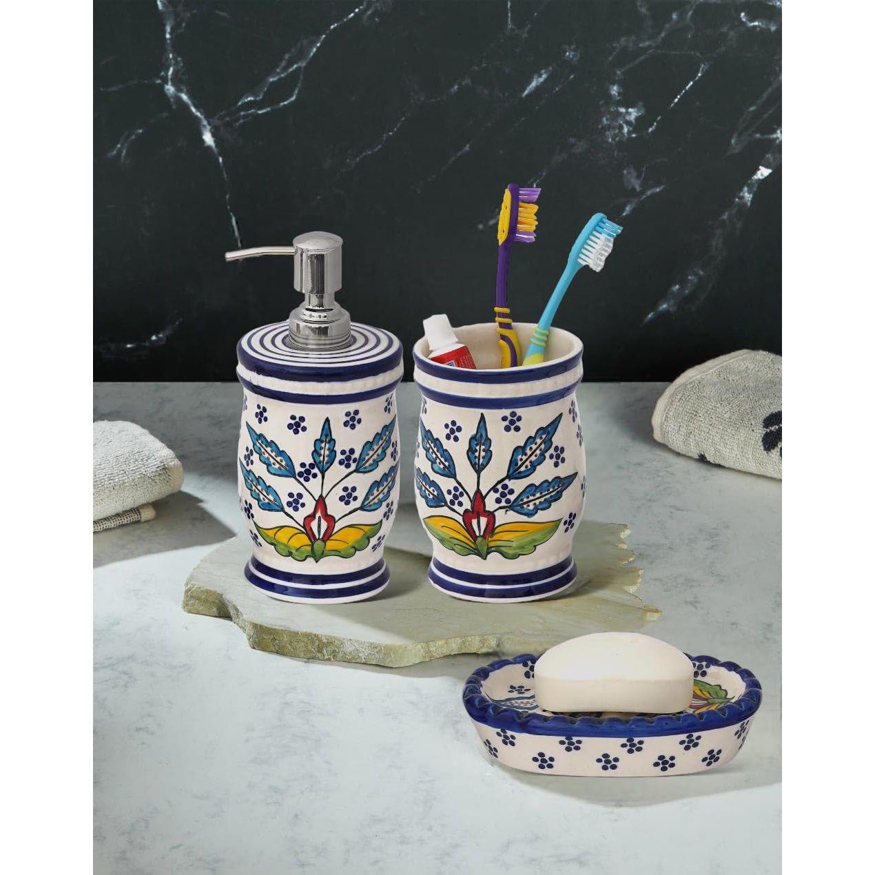 

Премиальный керамический набор аксессуаров для ванной из 3 предметов | Современный набор для ванной ручной росписи с дозатором для мыла 300 мл, подставкой для зубных щеток и мыльницей |