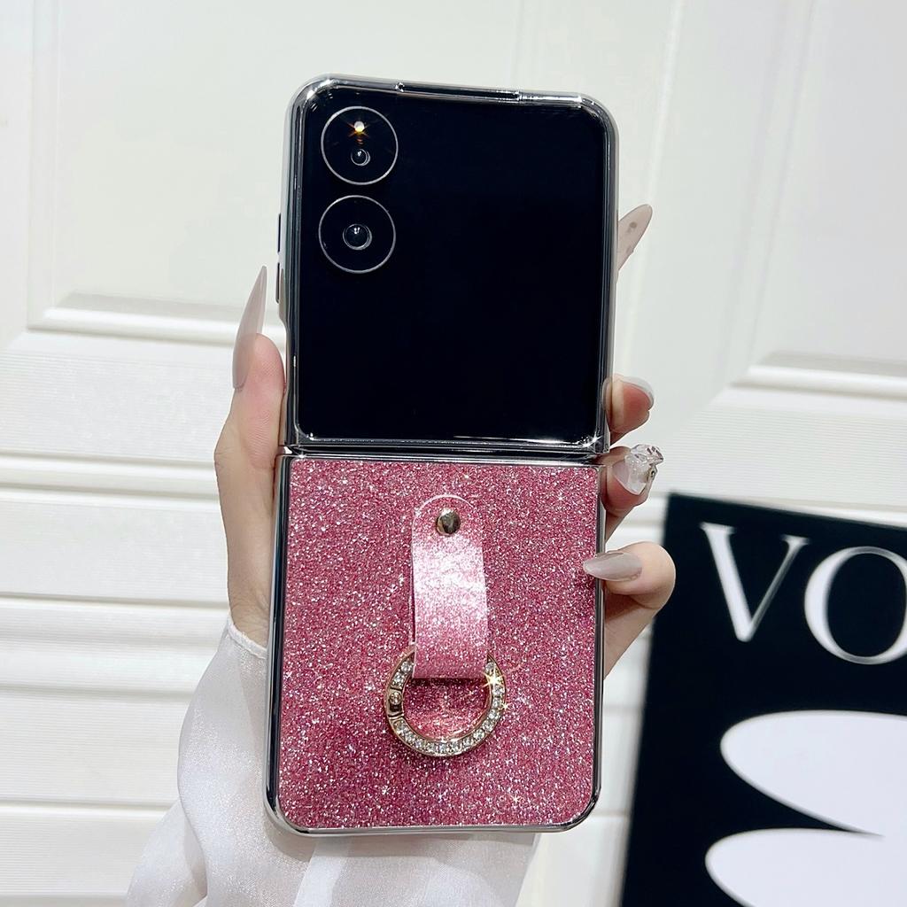For Xiaomi Mix Flip 2 Case Electroplated Glitter PU Leather+PC Protective Cover with Portable Ring Strap