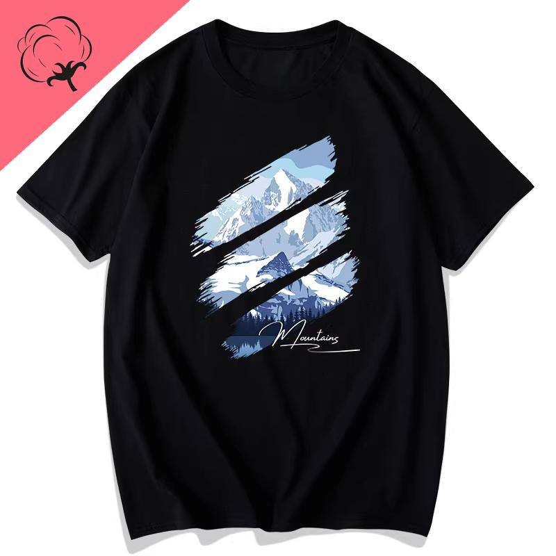 Himalaya Short-sleeved Snow Mountain Scenery Outdoor Adventure Tourism Personality Printed T-shirt Loose Pure Cotton Camisas