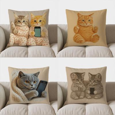 Décoration d'intérieur Mignons Chats en Pyjama Tenant un Téléphone Housse de Coussin Motif Housse de Coussin Convient pour Canapé Chambre Voiture Housse de Coussin