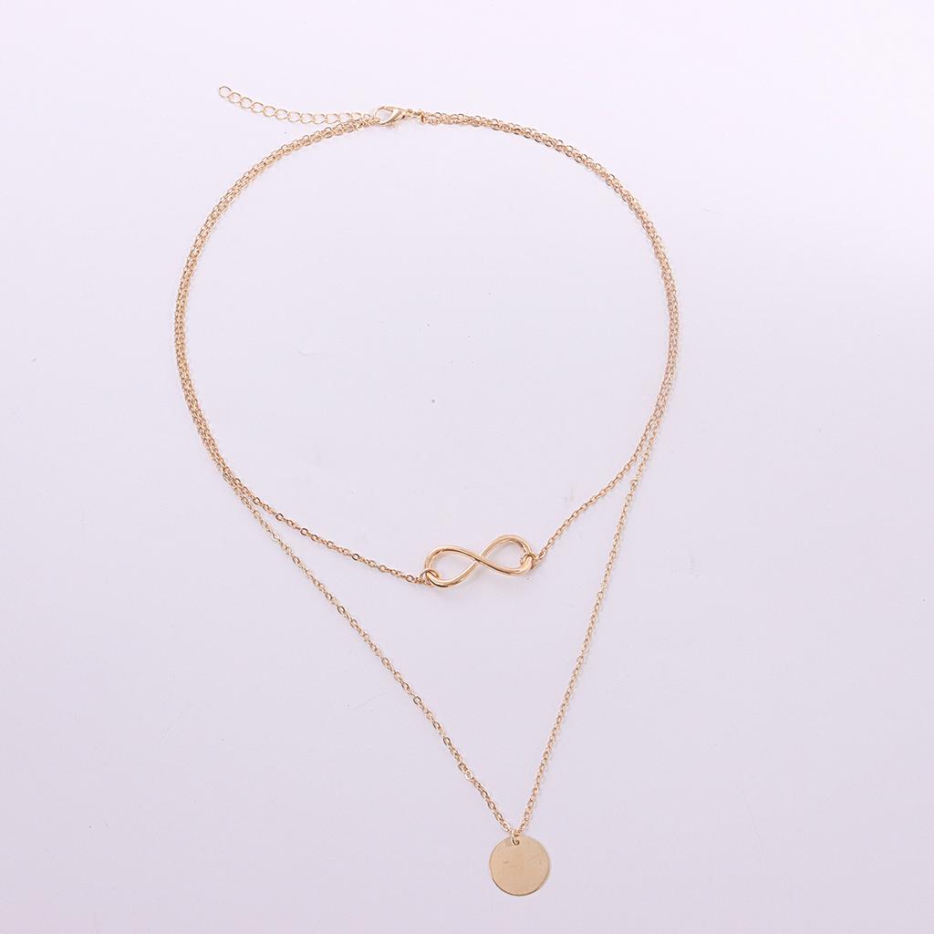 Trendy geometric 8-character disc pendant necklace female, simple double-layer fashion metal necklace