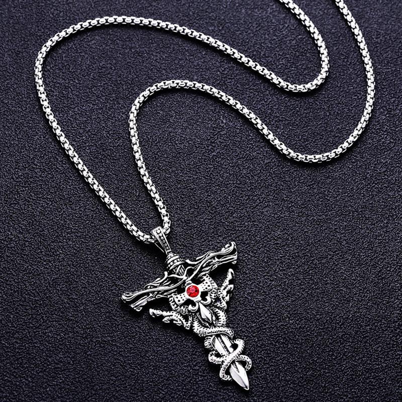 Winding Cross Pendant Necklace Cool Hip Hop Red Stone Vintage Copper Color Stainless Steel Chain Women Men Punk  Jewelry Gifts