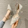 99912 night show fashion one-word belt hollow high heels 2026 spring new pointed bridesmaid wedding shoes