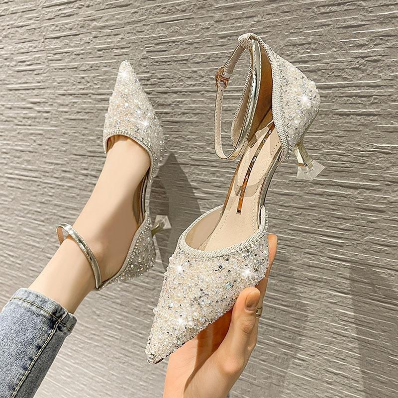99912 night show fashion one-word belt hollow high heels 2026 spring new pointed bridesmaid wedding shoes