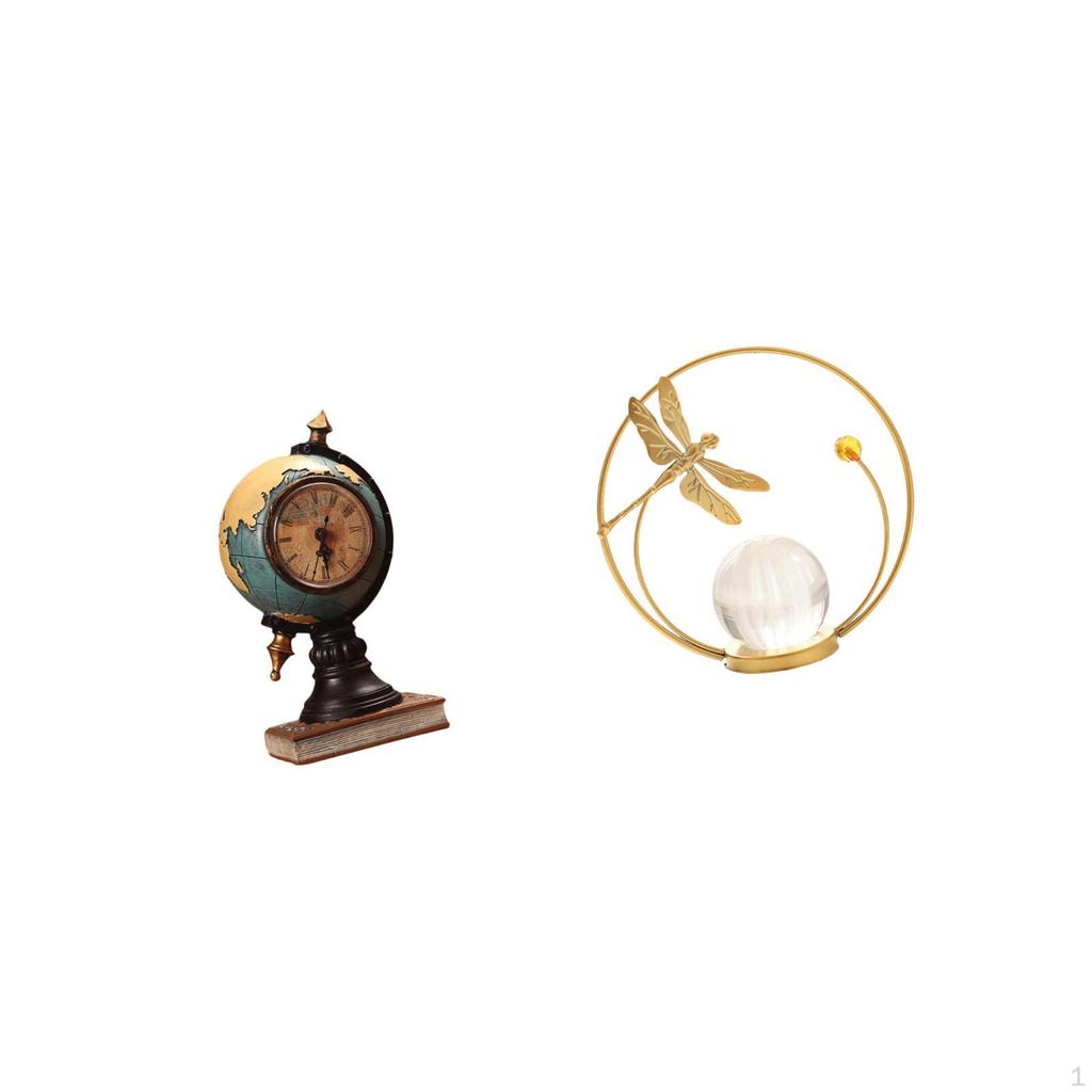 Modern Crystal Globe Figurine Clock Sculpture Ornament for Office Bedroom Fireplace Shelf Cabinet