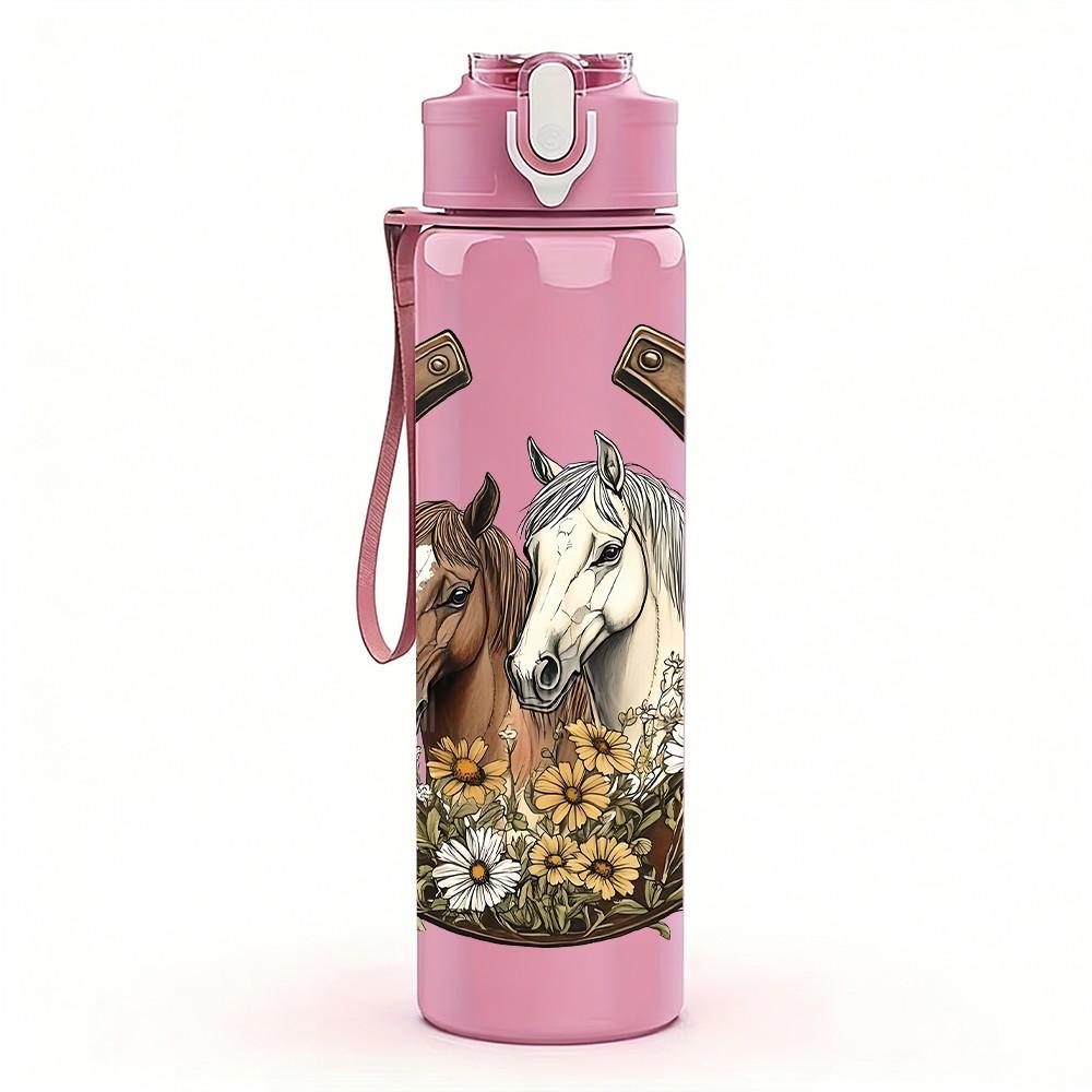 1PC Western Horse Horseshoe Pattern 750ml Color Plastic Sports Water Bottle Leakproof Flip Straw Lid Suitable for Sports Office Home Use