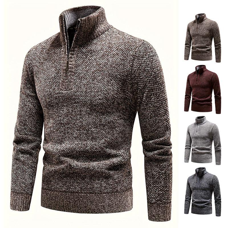 Men S Fleece Lined Half Zip Stand Collar Slim Fit Knit Sweater