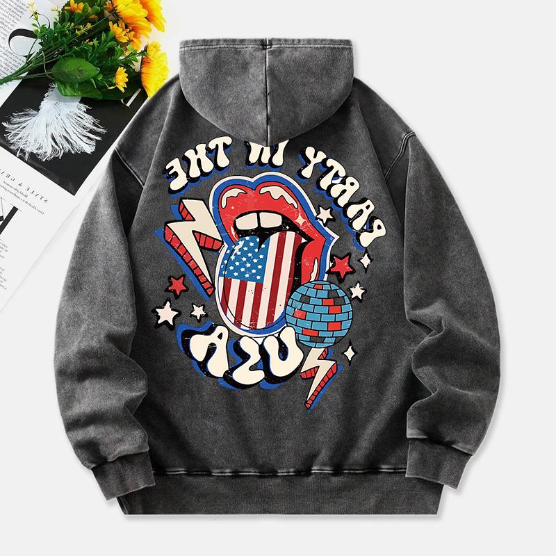 Party In The Usa Gewaschener Hoodie Damen Amerikanische Flagge Drucke Baumwollkleidung Warm Tasche Übergroß Winter Damen