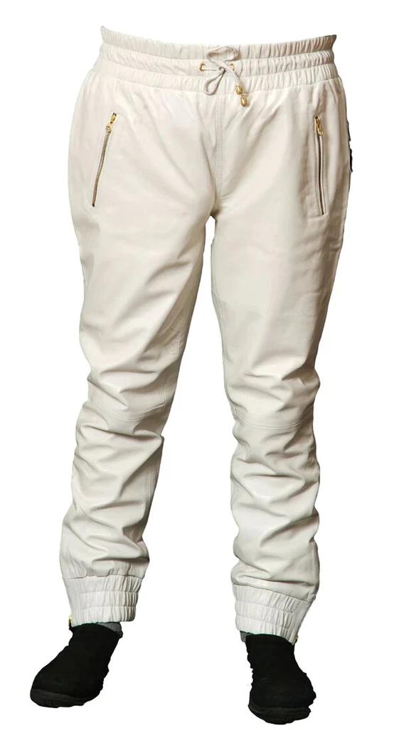 Leather Lambskin High Track Pants Joggers Quality White Wear Men Trouser Genuine