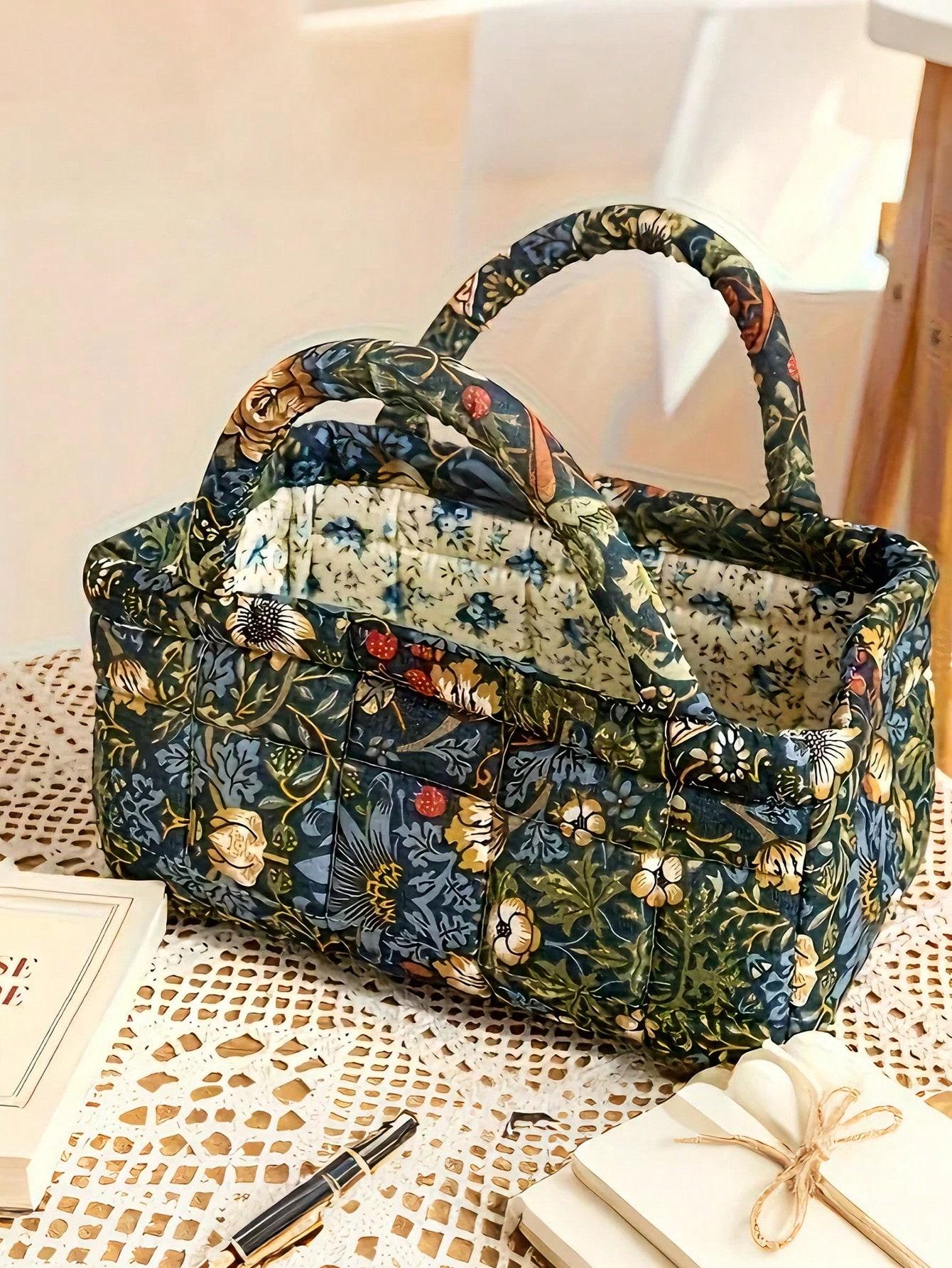 

Argyle Fabric Car Trunk Organizer - Foldable Storage Basket for SUV, MPV, Sedan, Vintage Floral with Double Handles, Small Size