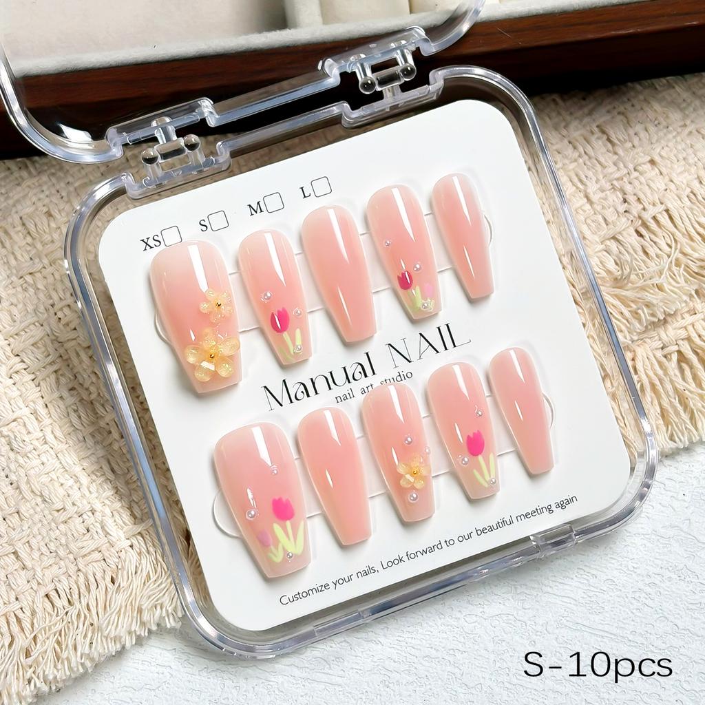 10/30pcs 5D Ice Transparent Pink Long Coffin False Nails 3D Cute Tulip & Acylice Flower Press On Nails Full Cover Fake Nails D&4
