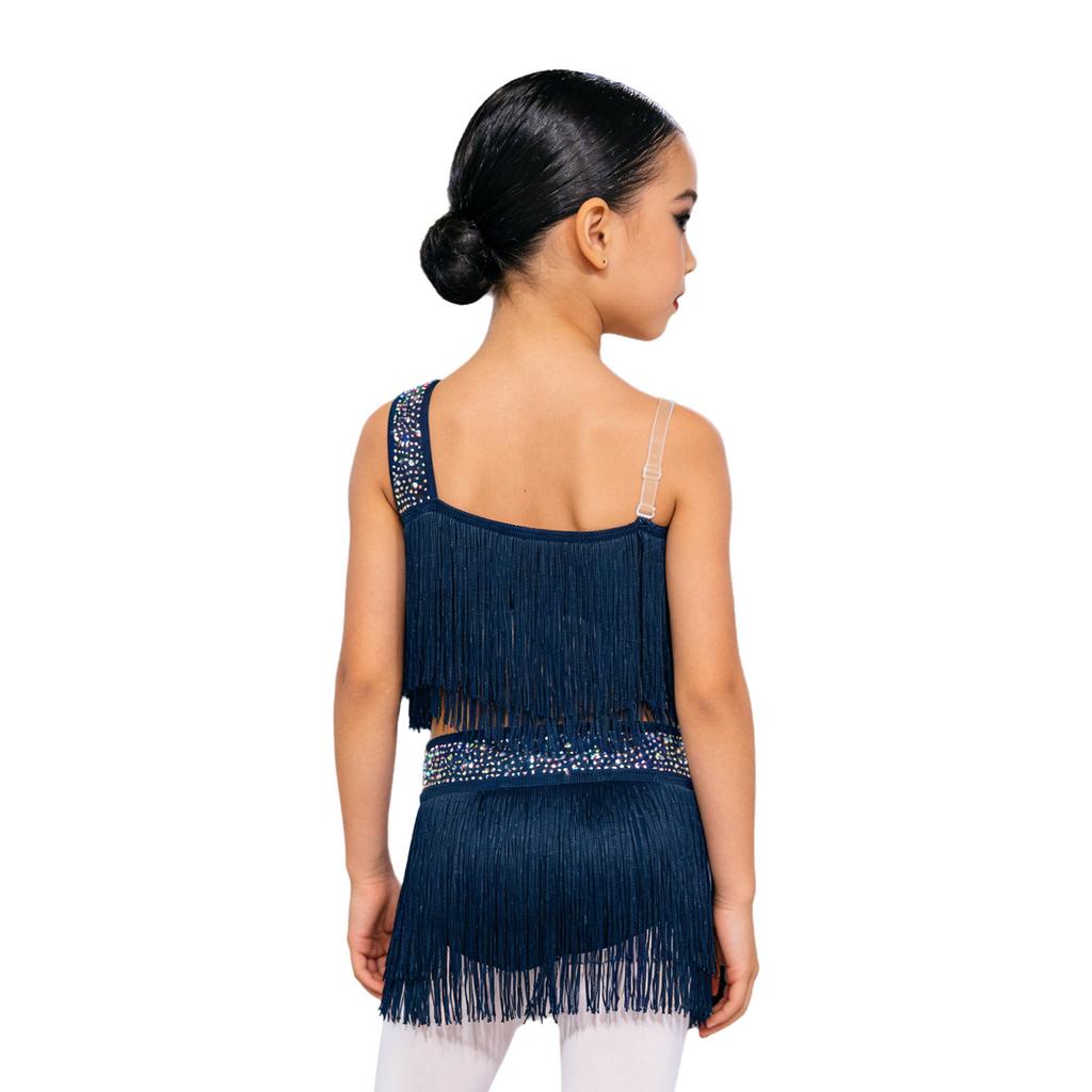 Vestido de Danza Latina para Niñas con Borlas, Flecos Asimétricos, Pedrería Brillante, Recorte, Disfraz para Actuación en Escenario