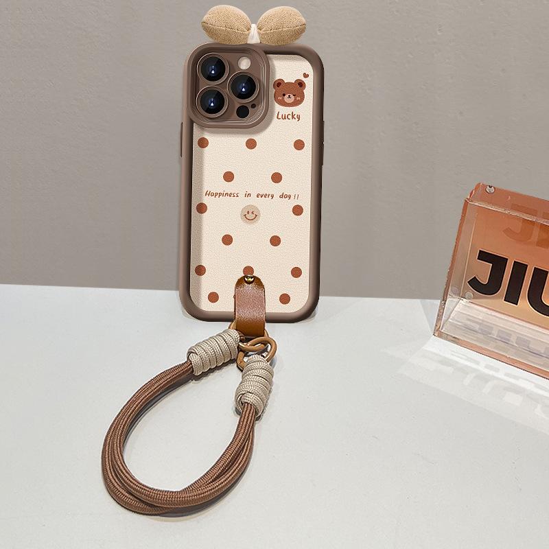 Polka Dot Bear Bow Lanyard Suitable for Apple 16 Lambskin Mobile Phone Case 15PRO Matte Silicone 14 Anti-fall X