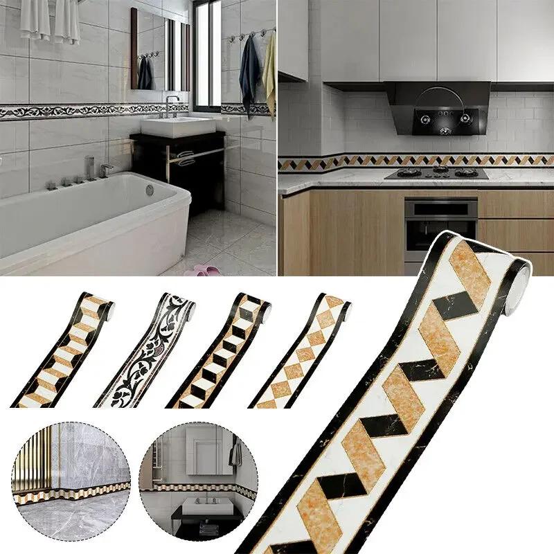10x500cm Border Wall Sticker Gold 3D Waterproof Tile Decal Waist Line Furniture Stickers Home Decor DIY Self -Adhesive