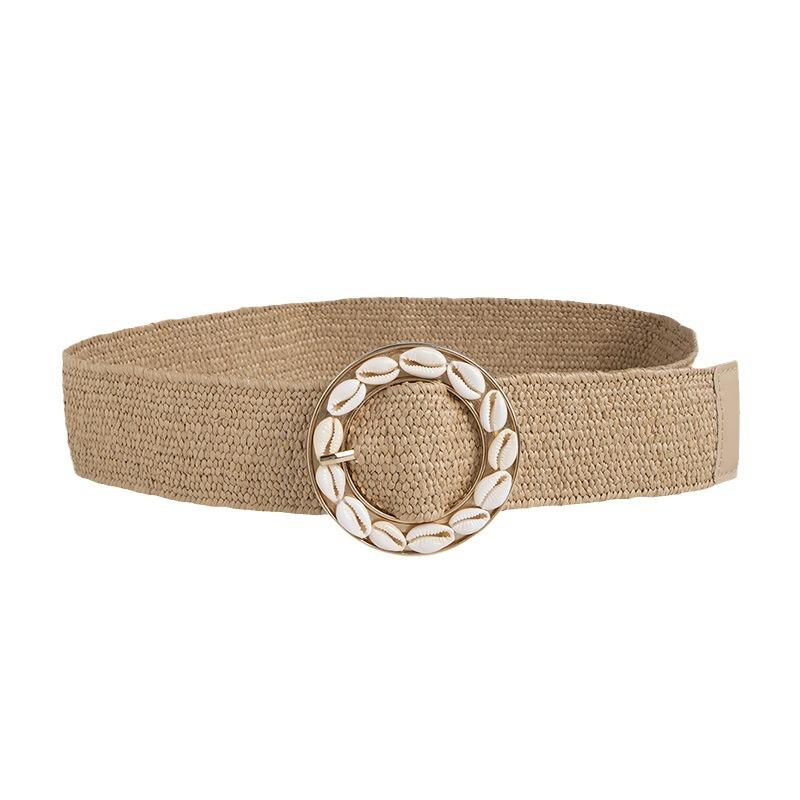 Boho Belt Vacation Style Natural Round Buckle Shell Pp Grass Elastic Women's Belt