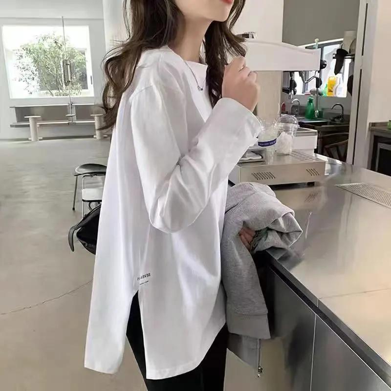 Dámské jarní a podzimní jednobarevné tričko s dlouhým rukávem s otevřeným výstřihem, pohodlné spodní tričko s kulatým výstřihem