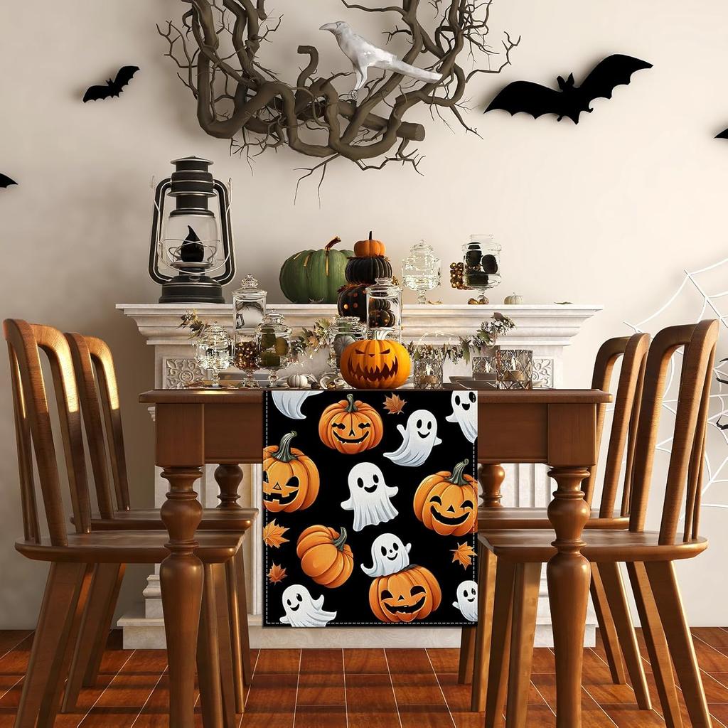 Halloween Ghost Pumpkin Table Runner,Halloween Dinner Table Runner Decorations and Supplies for Home Kitchen Dining Room Table-13×72''