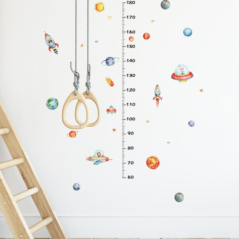 Space Rocket Growth Chart Wall Stickers, Cartoon Planets Height Measure Decal for Kids Room Nursery Decor