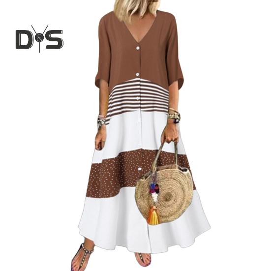 Summer Maxi Dress Contrast Color Maxi Dress Striped Single-breasted A-line Big Swing Short Sleeve Patchwork Dress