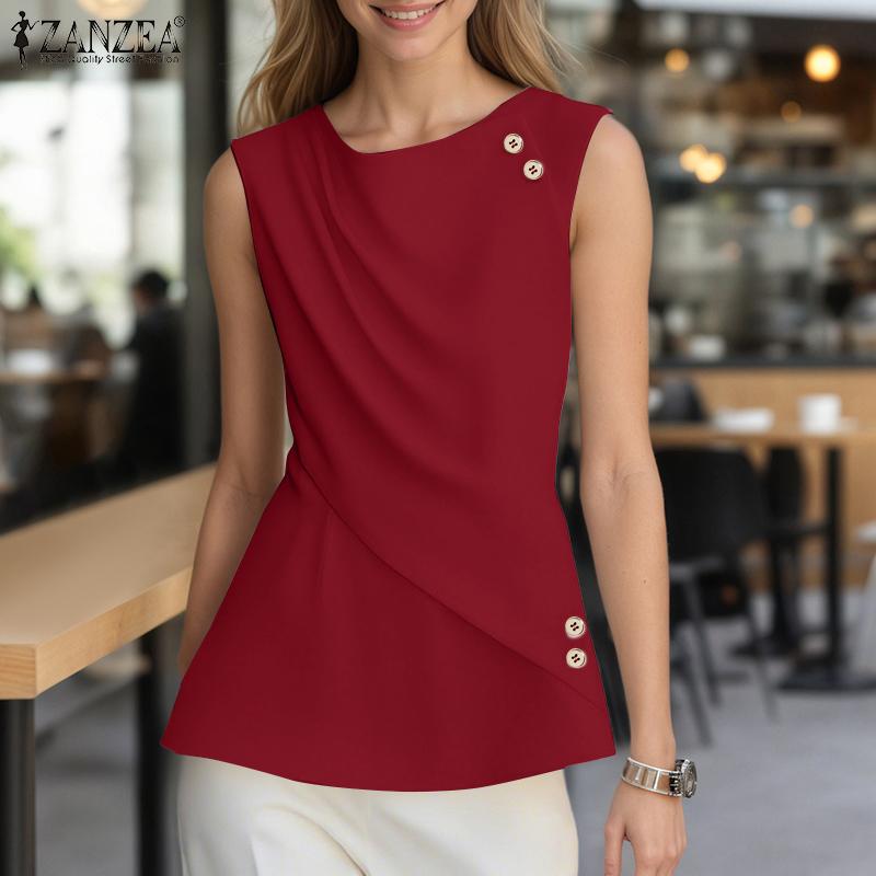 

ZANZEA Women Summer Round Neck Casual Sleeveless Tank Tops 5XL вина червоного кольору