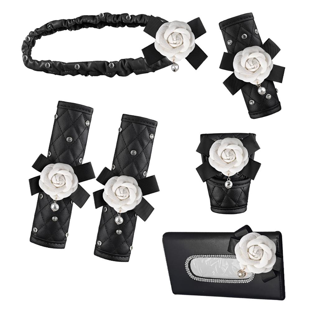 

6 шт. комплект автомобильных аксессуаров Crystal Camellia, чехол для ремня безопасности, наплечная накладка, рычаг переключения передач, ручной тормоз, чехол для зеркала заднего вида, коробка с салфетками белый