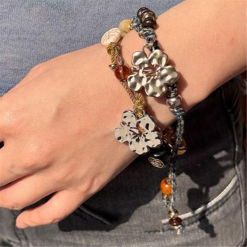 Hibiscus Beaded Keychain Bracelet Handwoven Hand Bangle Jewelry Tropical Inspired Everyday Wear Wrist Accessory