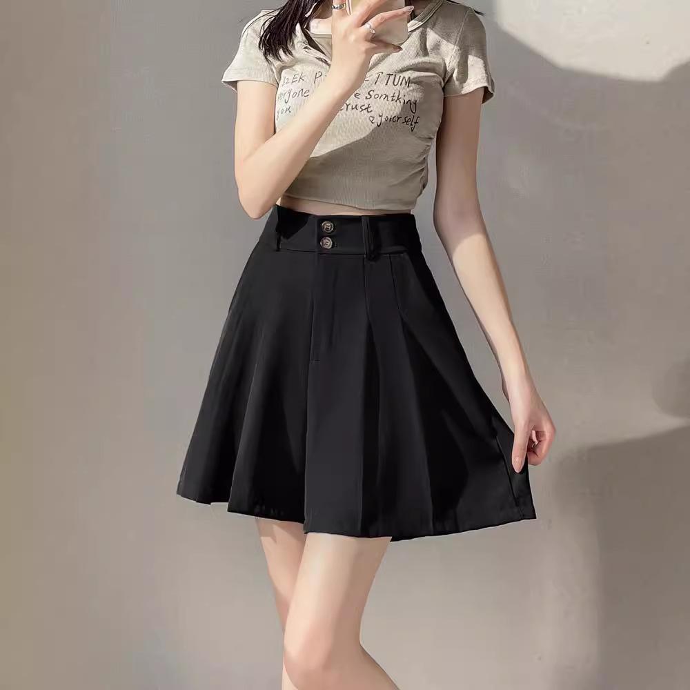 

2025 Petite Plus Size Summer Suit: High-Waist A-Line Midi Skirt & Wide-Leg Five-Point Pants L чорний