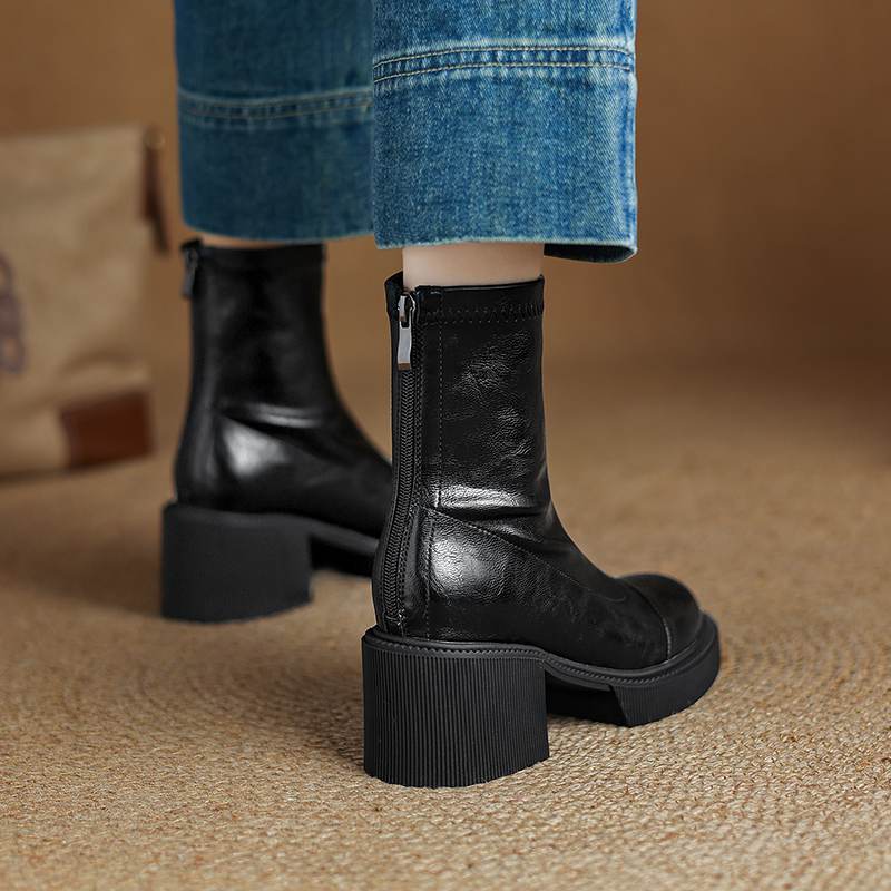 Krazing Pot Microfiber Autumn Winter Shoes Chunky Heels Size 40 Round Toe Zipper Retro Waterproof Stretch Ankle Boots