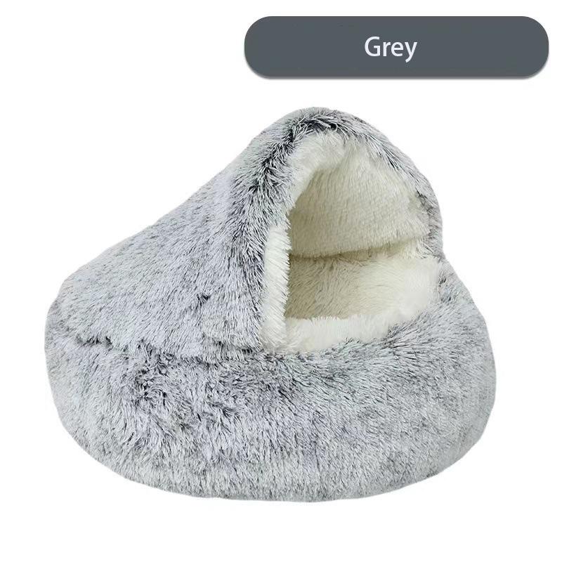 2 in 1 Soft Long Plush Pet Bed with Cover Semi-enclosed Round Warm Comfortable Dog Cat Sleep Nest Kitten Supplies