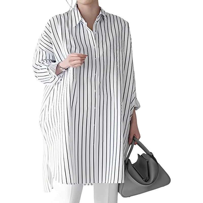 

[Doors] long shirt dress ladies long sleeve casual outfit loose tops design shirt body shape cover commute Commuting to school stripe 5S-D05-STM