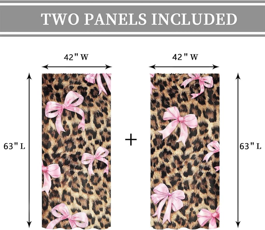 Modern Pink Bow Leopard Print Curtains Preppy Girly Cheetah Cute Pretty Sweet Girls Art Printed Retro Fashion Curtain Polyester With Rod Pocket