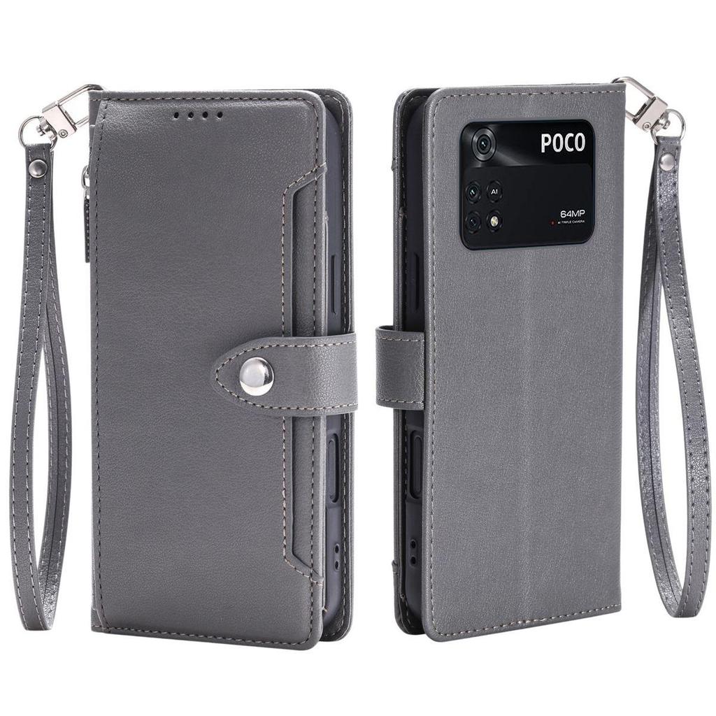 Zipper Pocket Wallet Flip Leather Phone Case for Xiaomi POCO M4 Pro 4G Multi Card Slots Kickstand Cover Wrist Strap